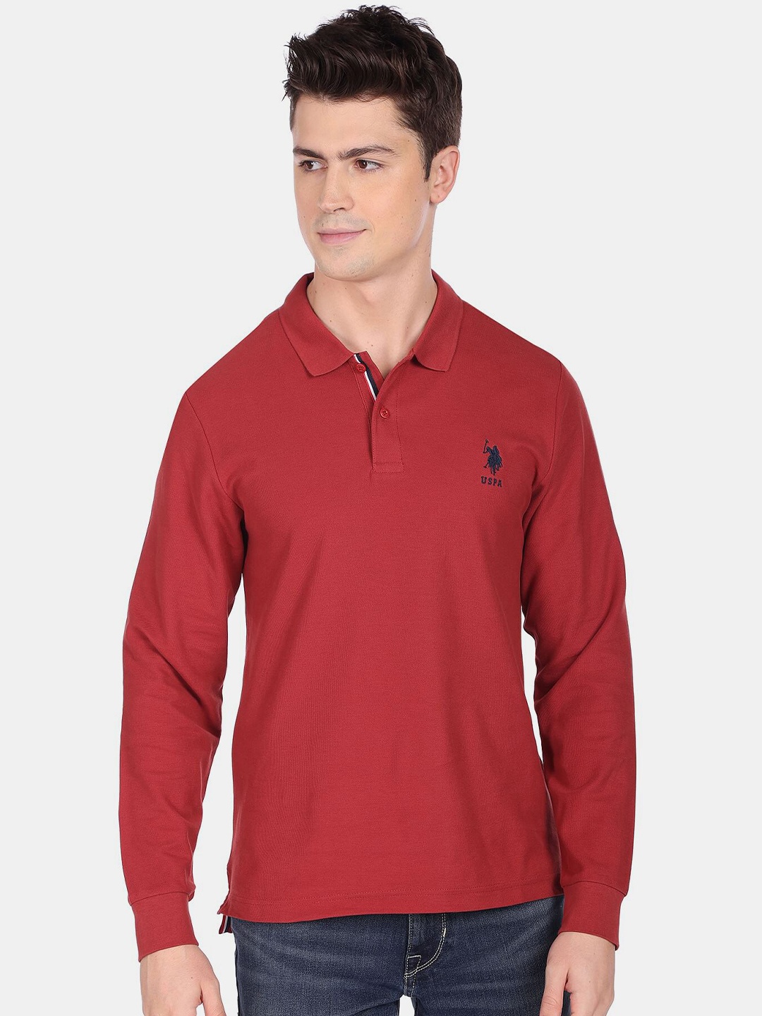 

U S Polo Assn Men Red Polo Collar Pure Cotton T-shirt
