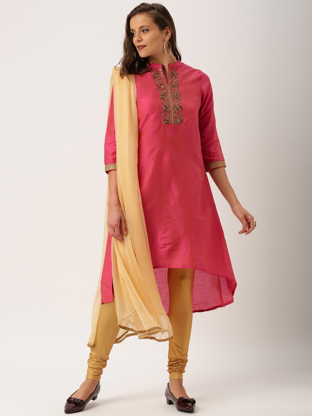 

IMARA by Women Pink & Beige Embroidered Kurta with Churidar & Dupatta