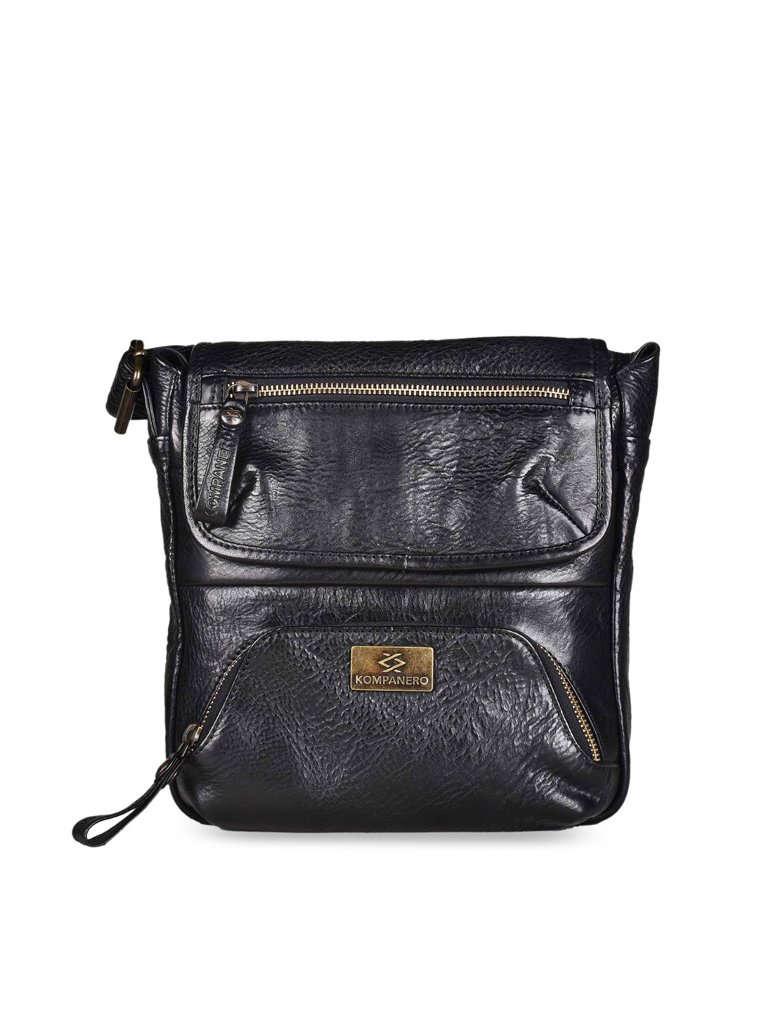 

KOMPANERO Women Black Textured Leather Bowling Sling Bag