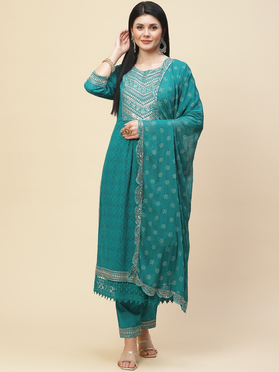 

Meena Bazaar Women Blue Embroidered Sequinned Kurta with Trousers & With Dupatta