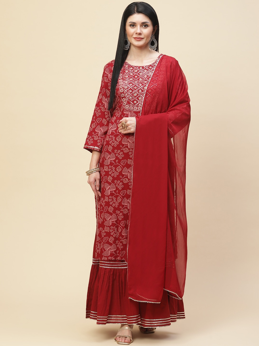 

Meena Bazaar Women Maroon Floral Printed Gotta Patti Kurta with Sharara & With Dupatta