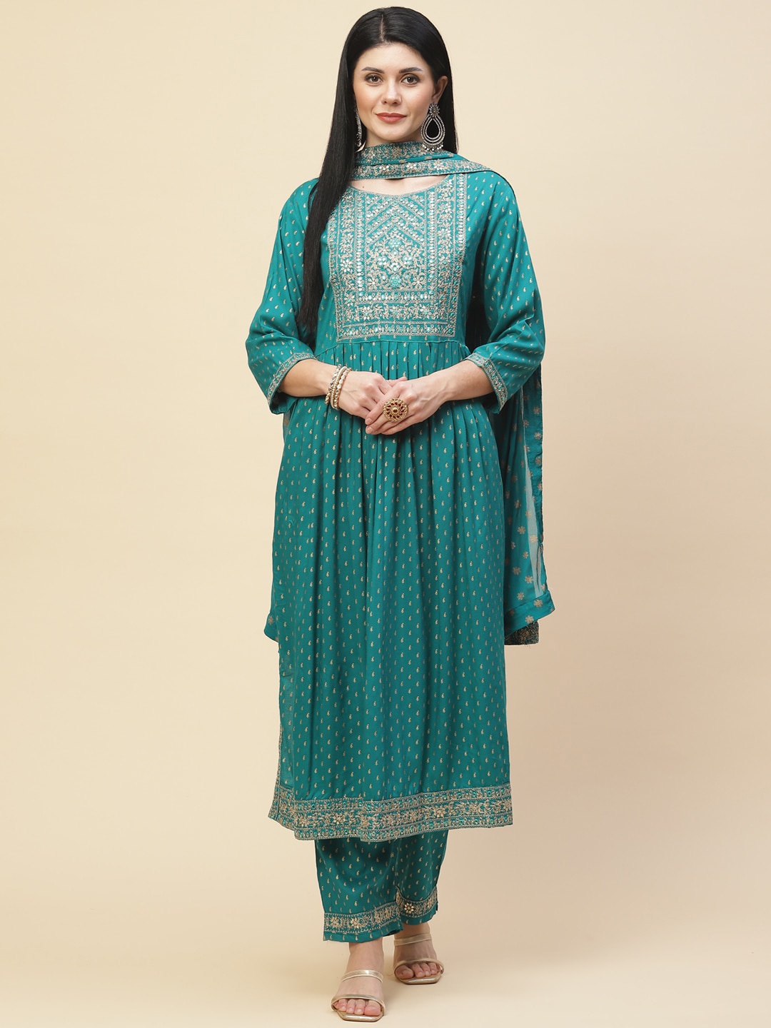 

Meena Bazaar Women Blue Ethnic Motifs Embroidered Sequinned Kurta with Trousers & With Dupatta