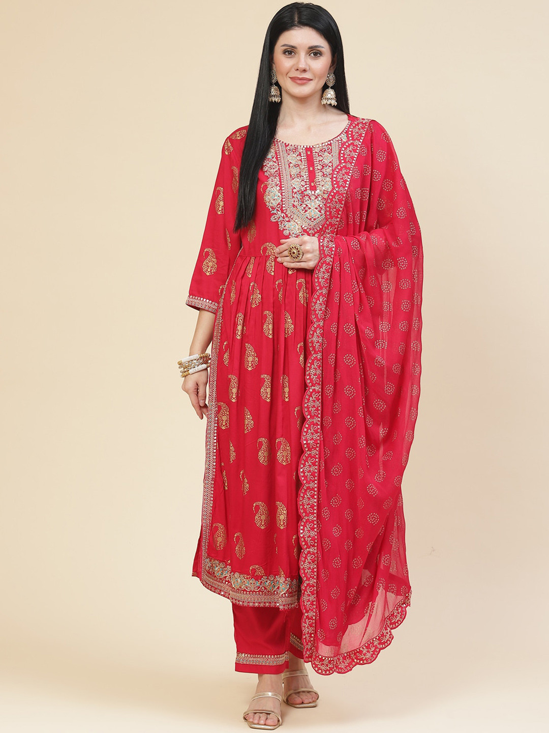 

Meena Bazaar Women Pink Ethnic Motifs Embroidered Kurta with Trousers & With Dupatta