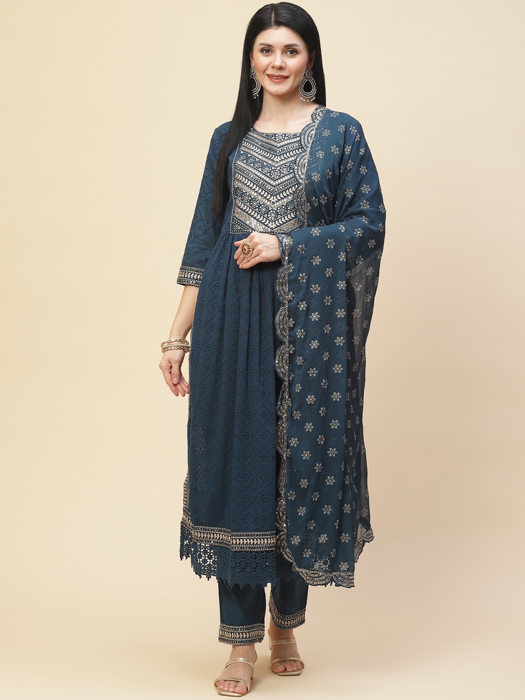 

Meena Bazaar Women Teal Floral Embroidered Pleated Sequinned Kurta with Trousers & With Dupatta