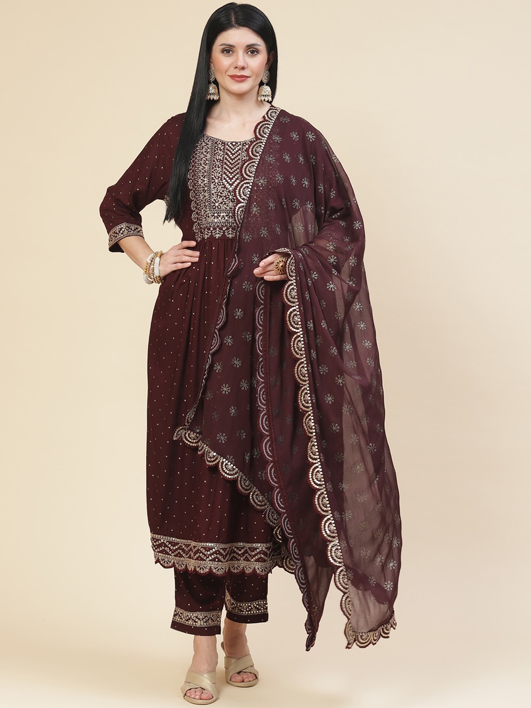 

Meena Bazaar Women Brown Floral Embroidered Pleated Sequinned Kurta with Trousers & With Dupatta