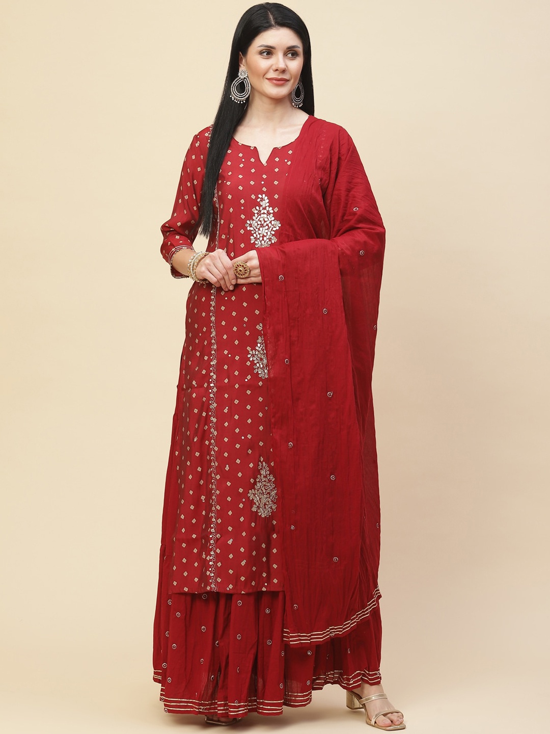 

Meena Bazaar Women Maroon Embroidered Gotta Patti Kurta with Skirt & With Dupatta