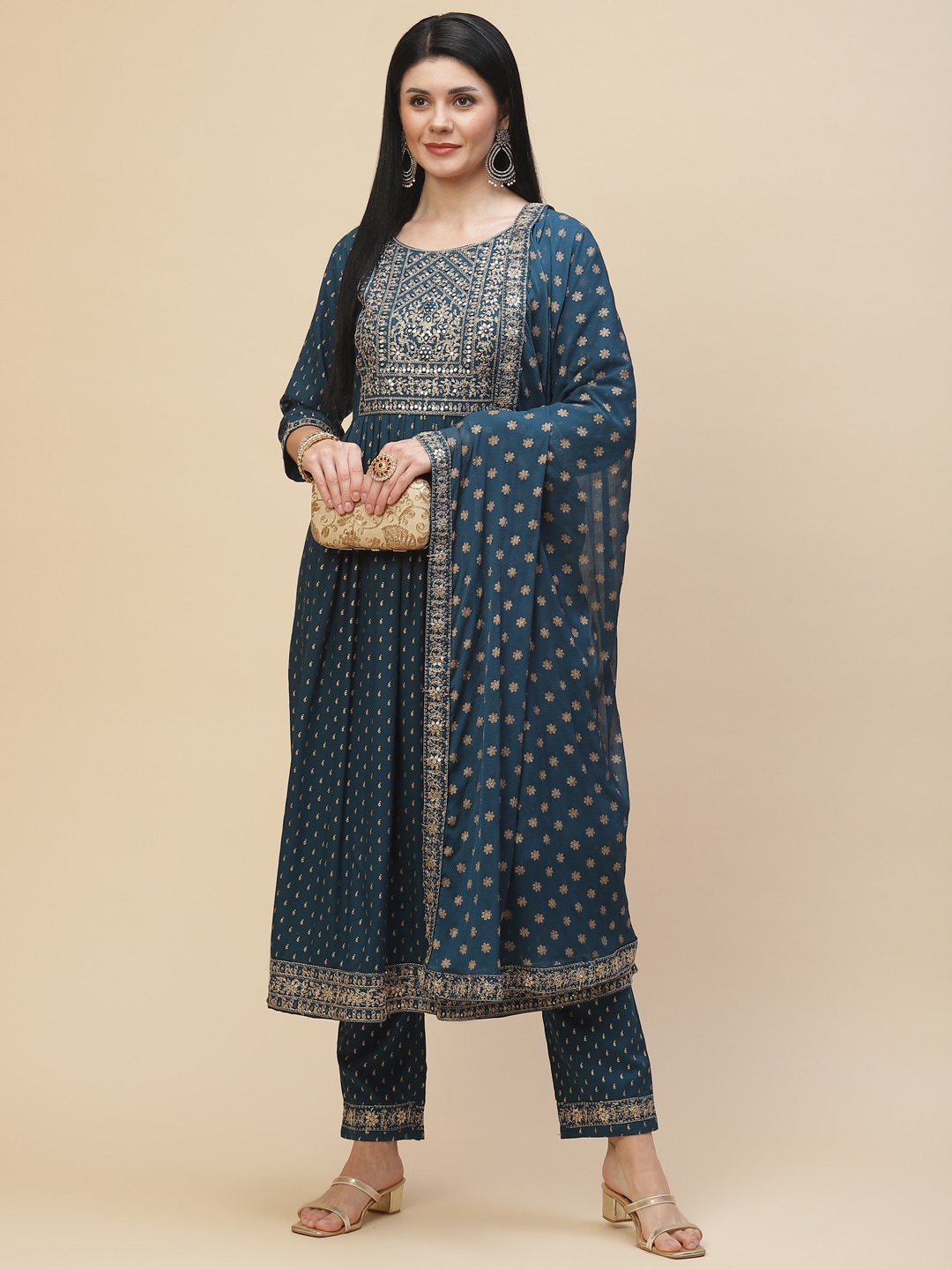 

Meena Bazaar Women Teal Ethnic Motifs Embroidered Pleated Kurta with Trousers & With Dupatta