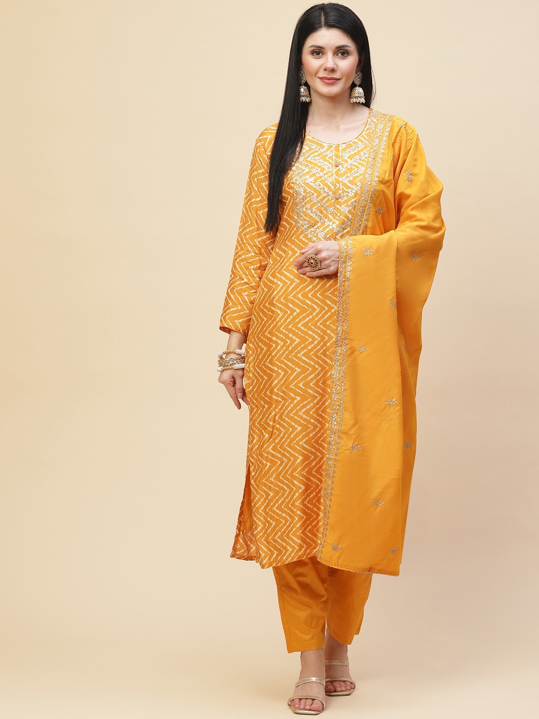 

Meena Bazaar Women Mustard Printed Kurta with Trousers & With Dupatta
