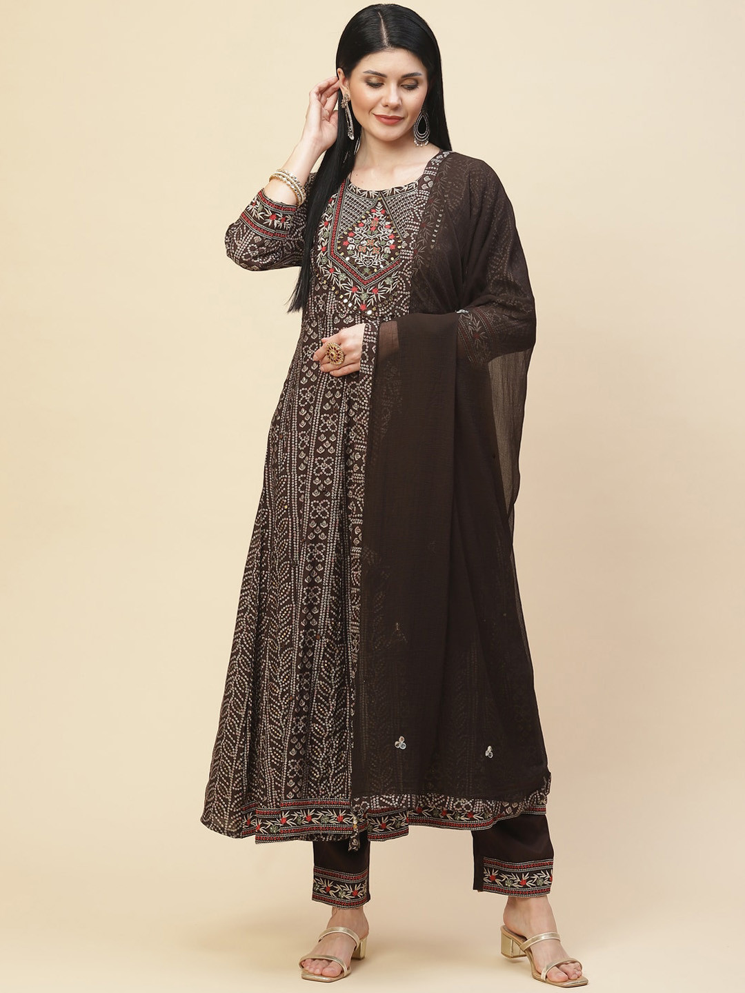 

Meena Bazaar Women Brown Ethnic Motifs Panelled Mirror Work Kurta with Trousers & Dupatta
