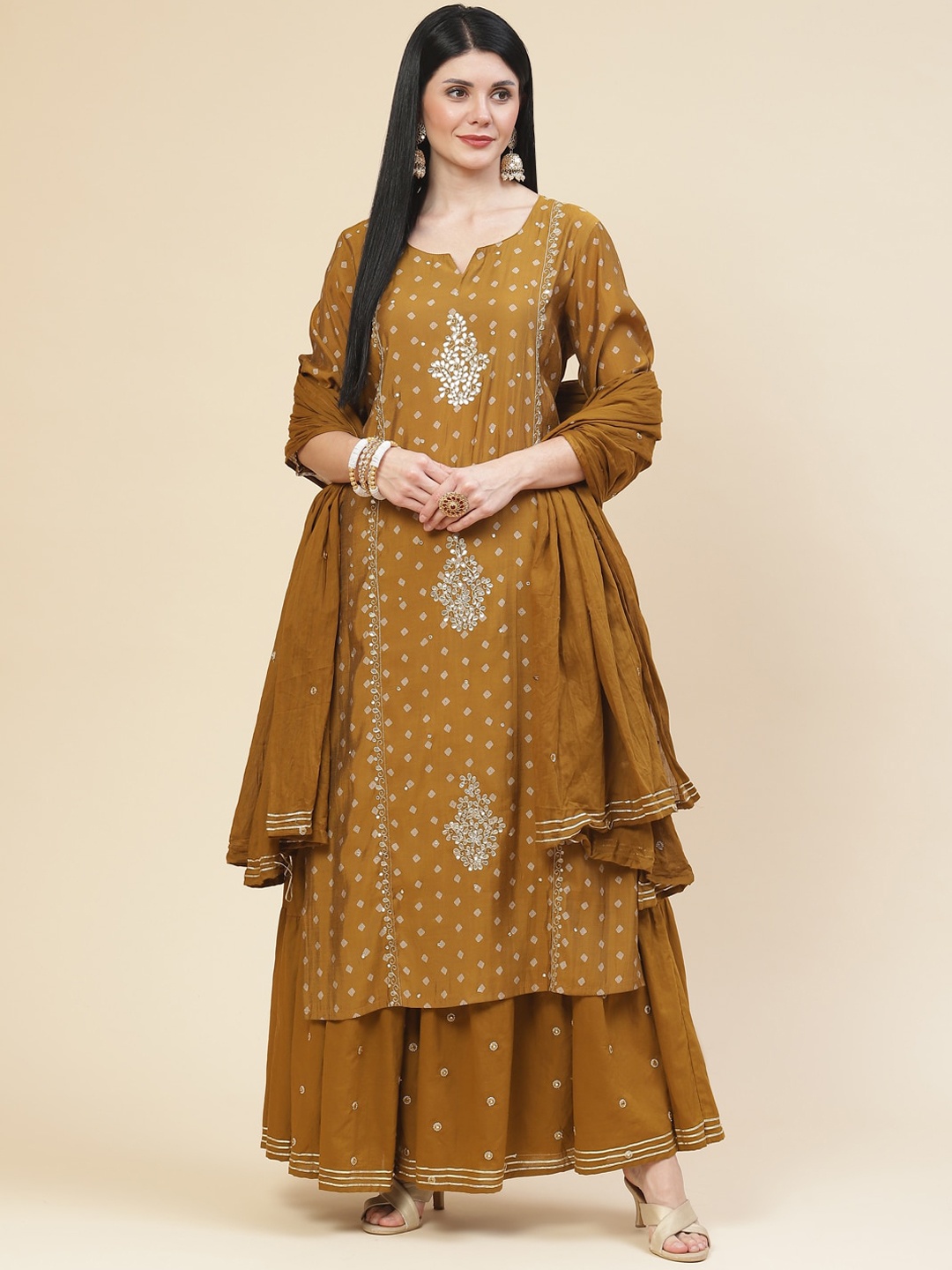 

Meena Bazaar Women Green Ethnic Motifs Printed Mirror Work Kurta with Skirt & With Dupatta