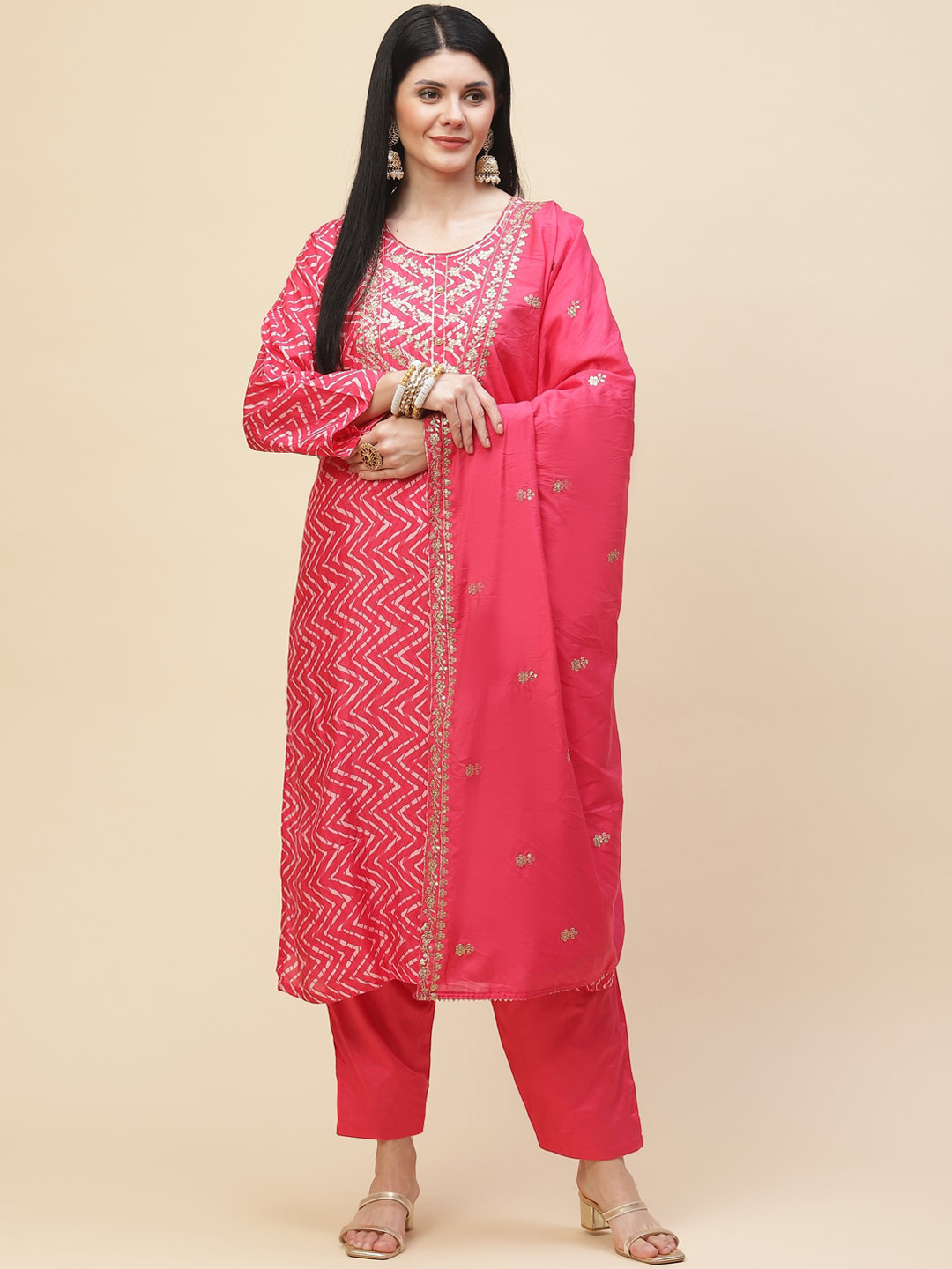 

Meena Bazaar Women Pink Printed Kurta with Trousers & With Dupatta