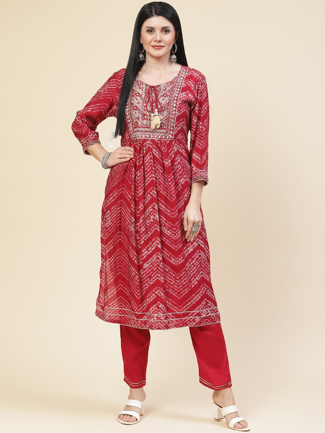 

Meena Bazaar Women Maroon Printed Pleated Mirror Work Kurta with Trousers