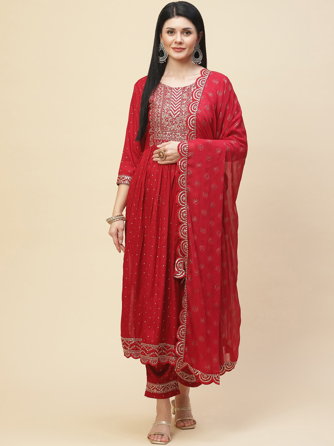 

Meena Bazaar Women Red Ethnic Motifs Embroidered Pleated Thread Work Kurta with Trousers & With Dupatta