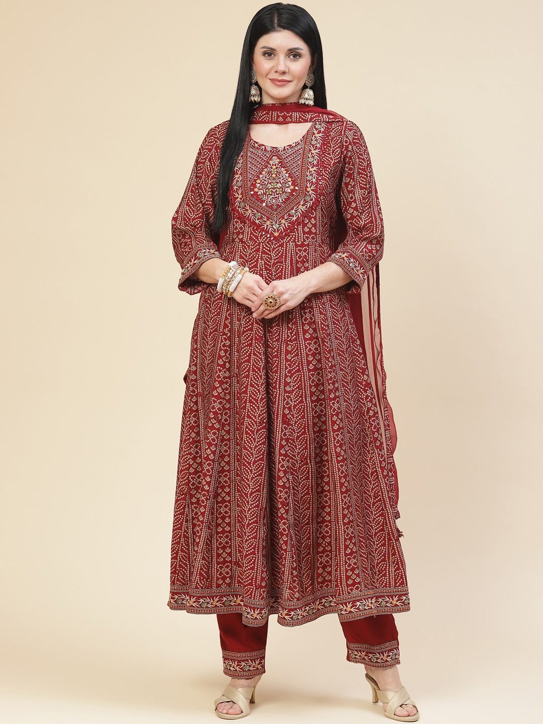

Meena Bazaar Women Maroon Bandhani Printed Mirror Work Kurta with Trousers & With Dupatta