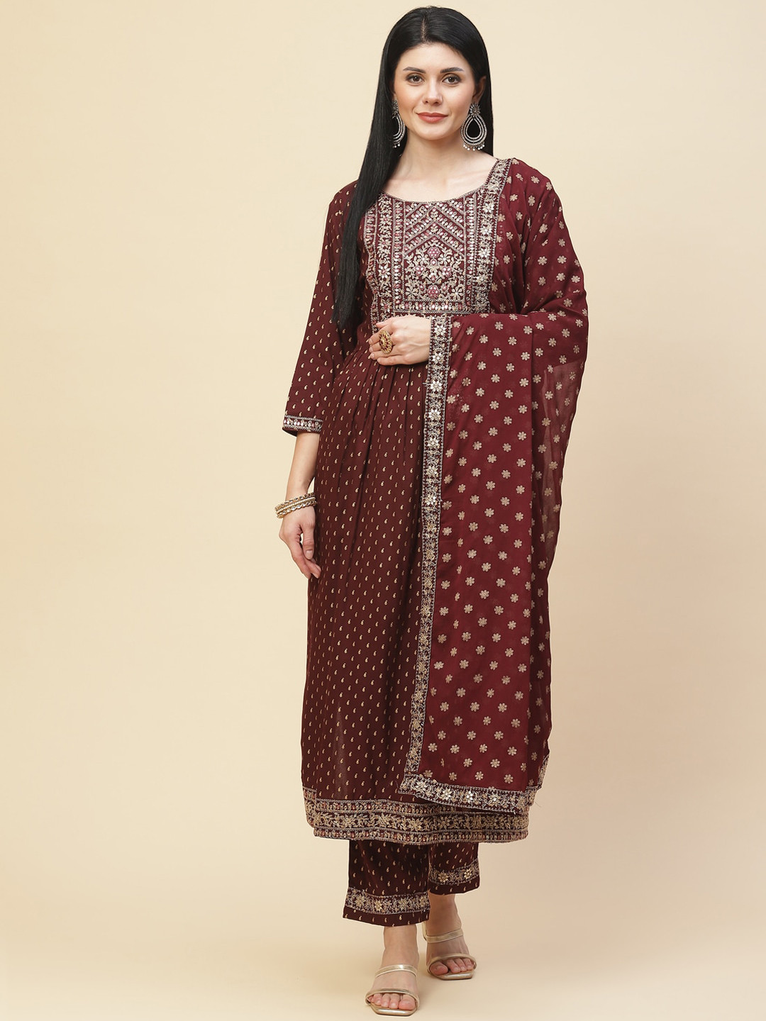 

Meena Bazaar Women Burgundy Ethnic Motifs Embroidered Thread Work Kurta with Trousers & With Dupatta