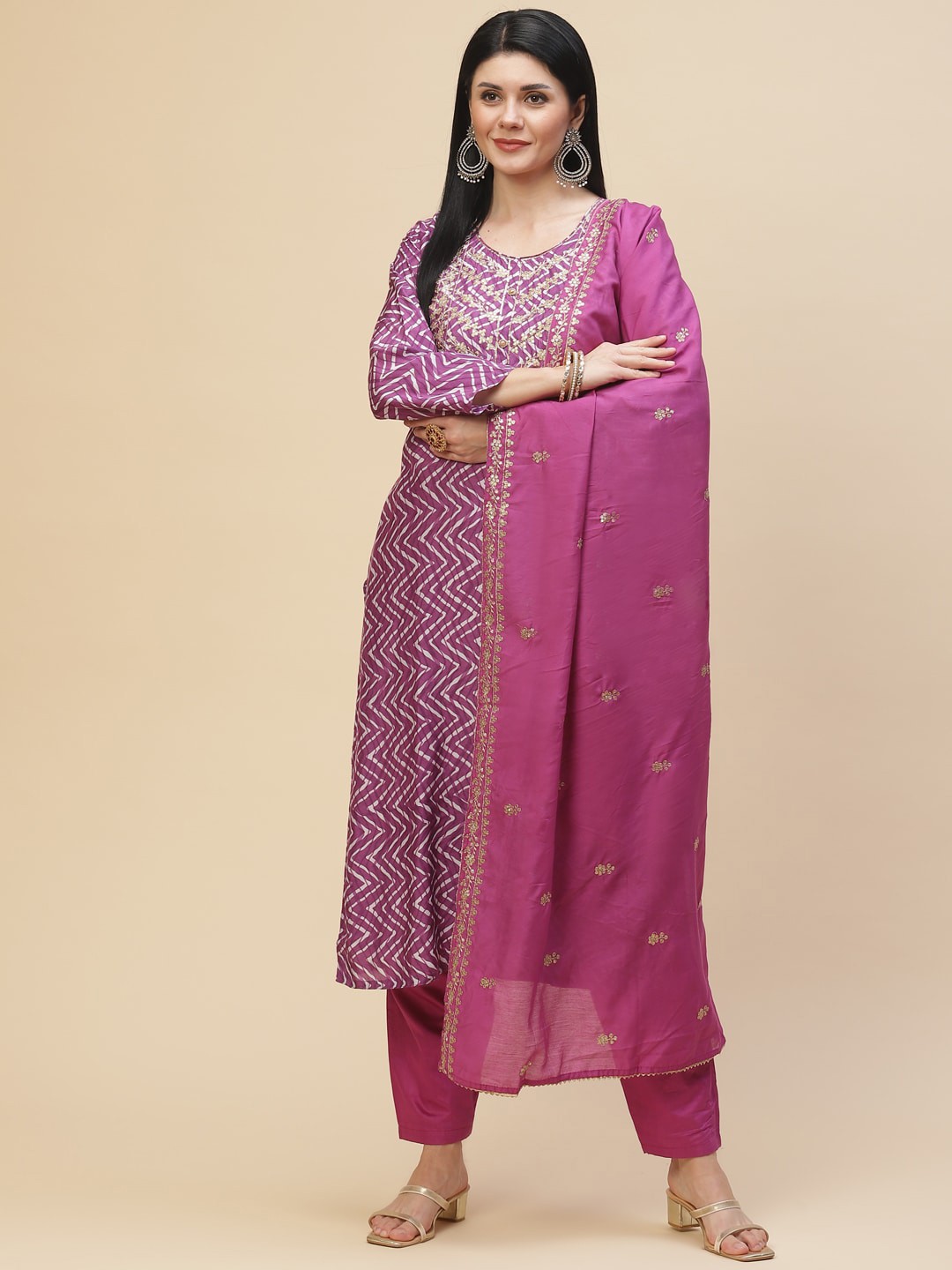 

Meena Bazaar Women Purple Printed Kurta with Trousers & With Dupatta
