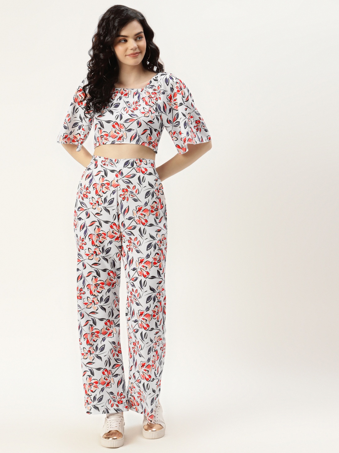 

Sleek Italia Women White & Coral Red Floral Printed Co-Ords