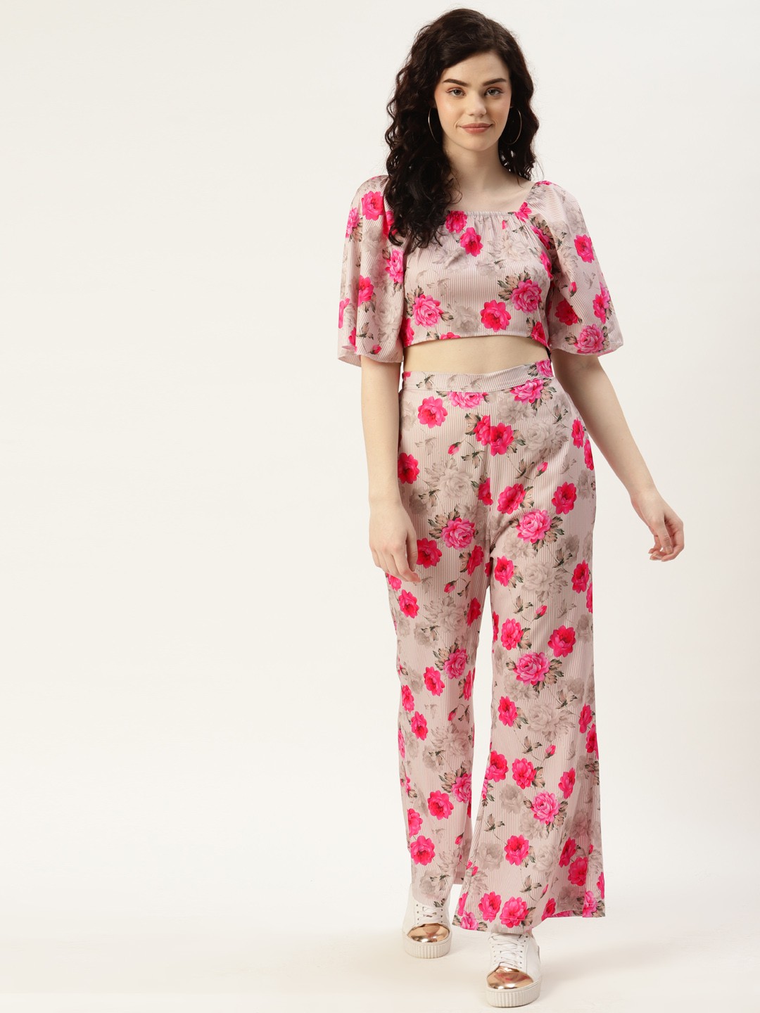 

Sleek Italia Women Beige and Pink Striped Floral Printed Trousers with Top
