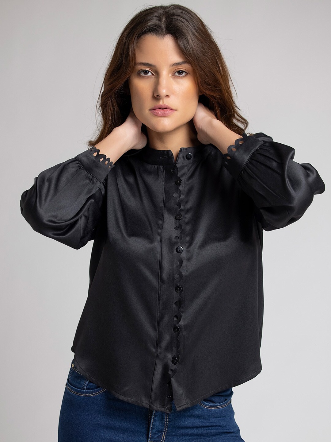 

SHAYE Women Black Mandarin Collar Comfort Casual Shirt