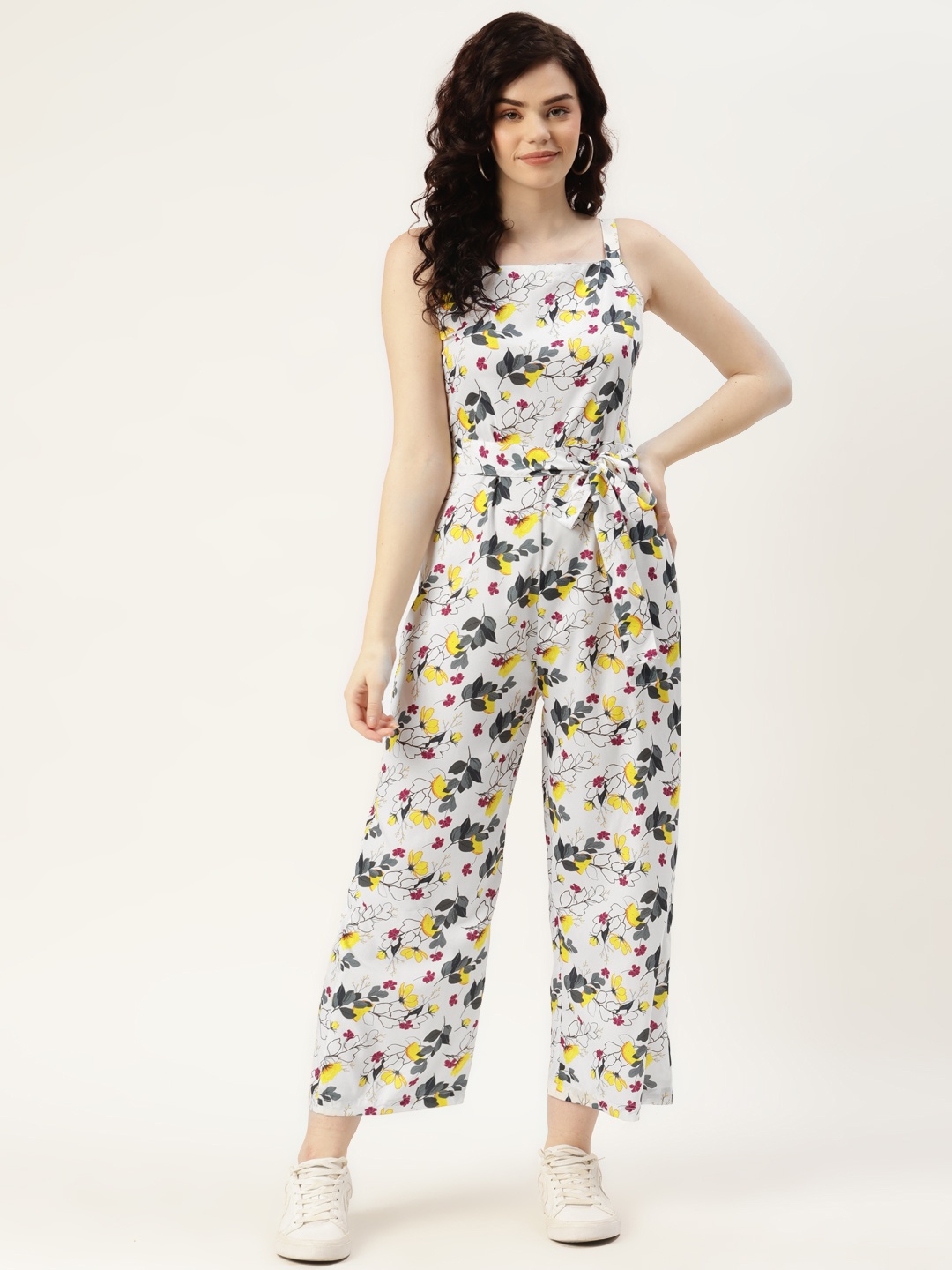 

Sleek Italia Women White & Yellow Printed Basic Jumpsuit