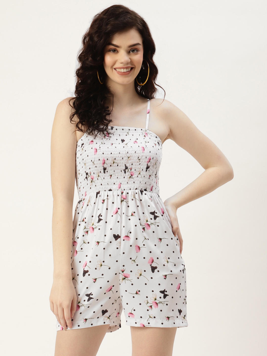 

Sleek Italia Women White & Black Printed Smocked Playsuit