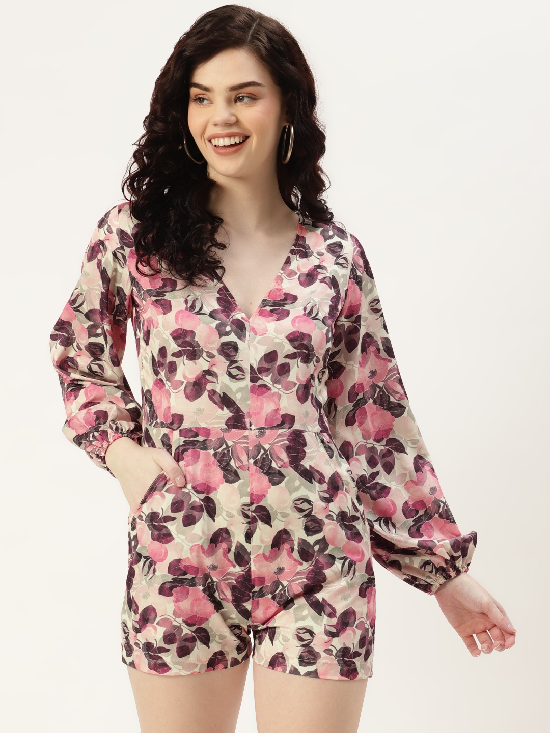 

Sleek Italia Women Beige & Pink Floral Printed Playsuit