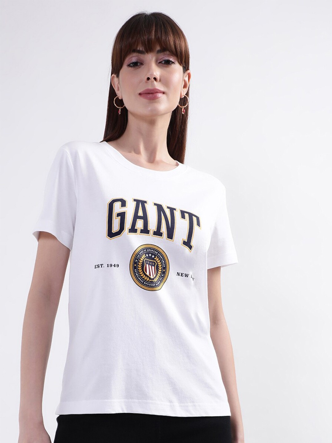 

GANT Women White Brand Logo Printed Round Neck Cotton T-shirt