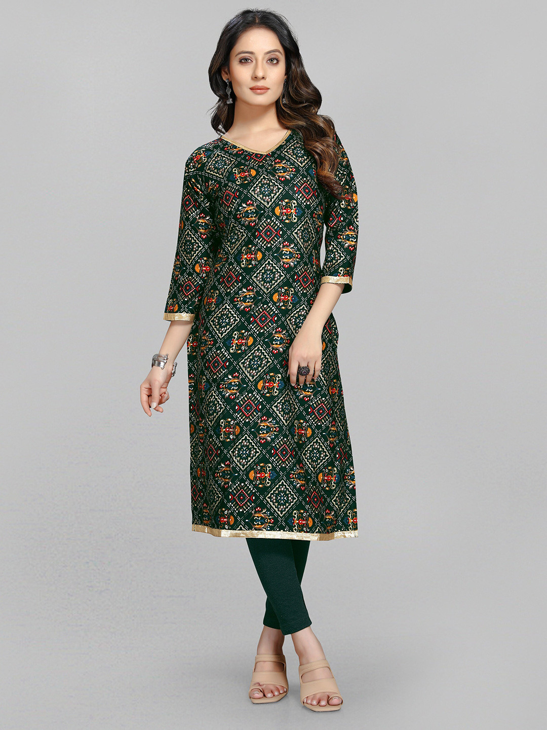 

Fashion FRICKS Women Green & Gold-Toned Ethnic Motifs Printed Cotton Kurta