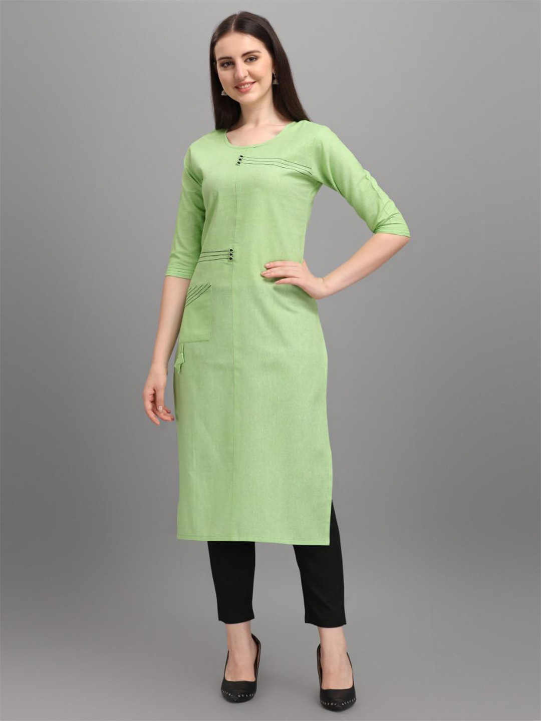 

Fashion FRICKS Three-Quarter Sleeves Cotton Kurta, Green