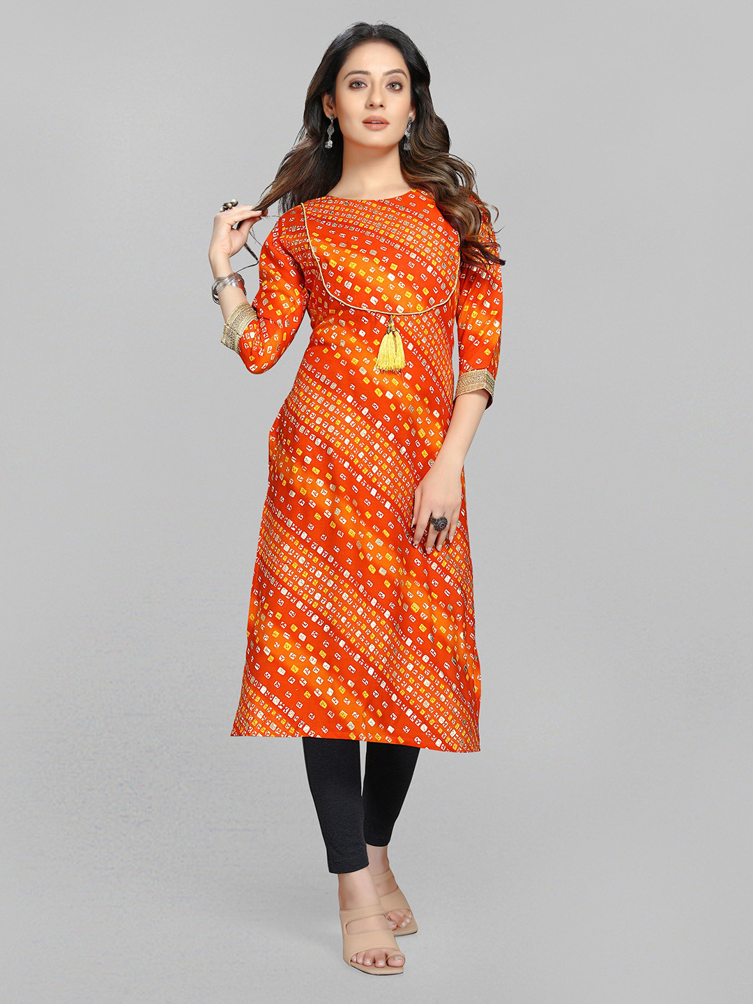 

Fashion FRICKS Women Orange Bandhani Printed Cotton Kurta