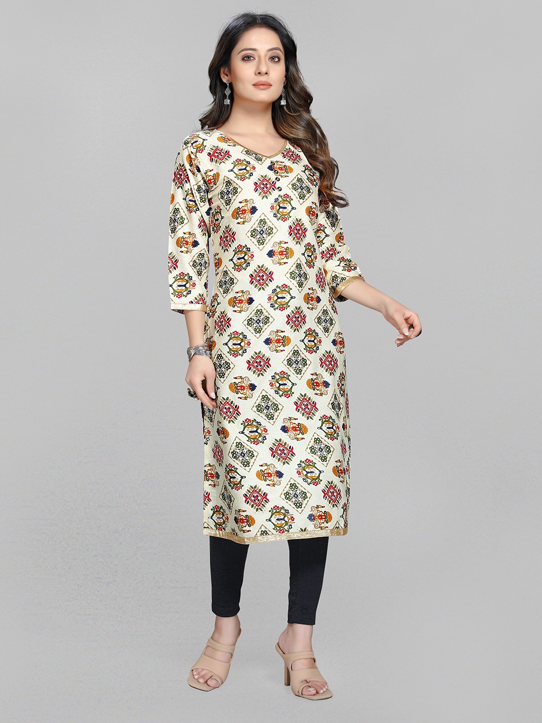 

Fashion FRICKS Women Cream-Coloured & Gold-Toned Ethnic Motifs Printed Cotton Kurta