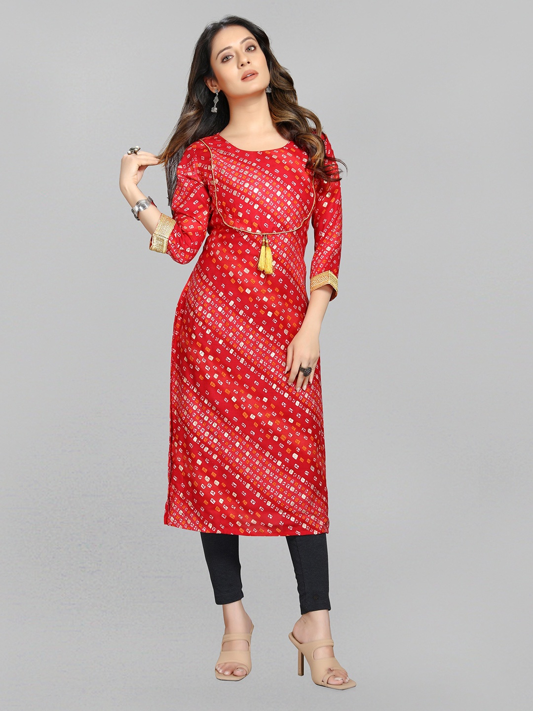 

Fashion FRICKS Bandhani Printed Cotton Kurta, Red