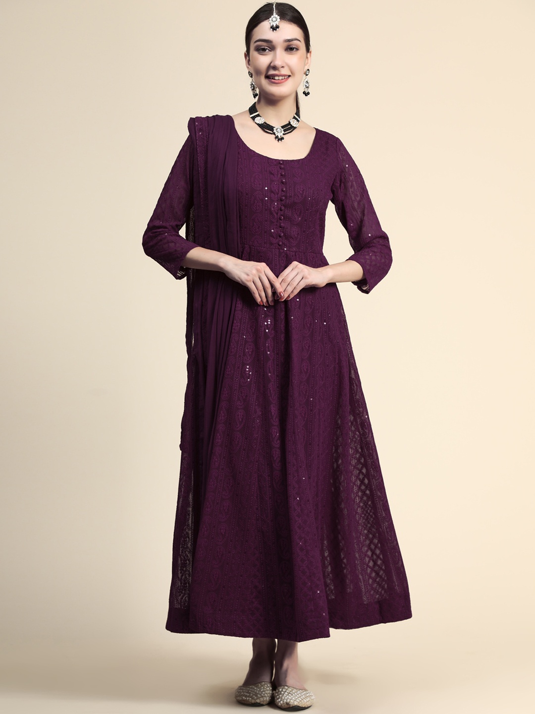 

KALINI Women Burgundy Paisley Embroidered Empire Chikankari Kurta with Trousers & With Dupatta