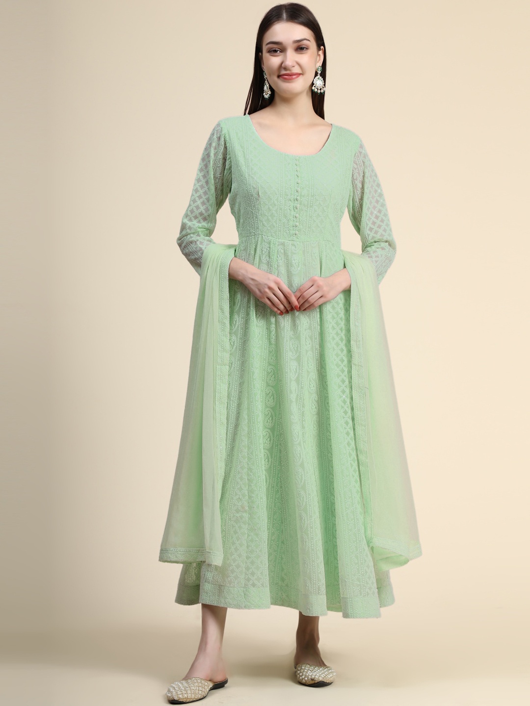 

KALINI Ethnic Motifs Embroidered Chikankari Georgette Kurta With Dupatta Set, Green