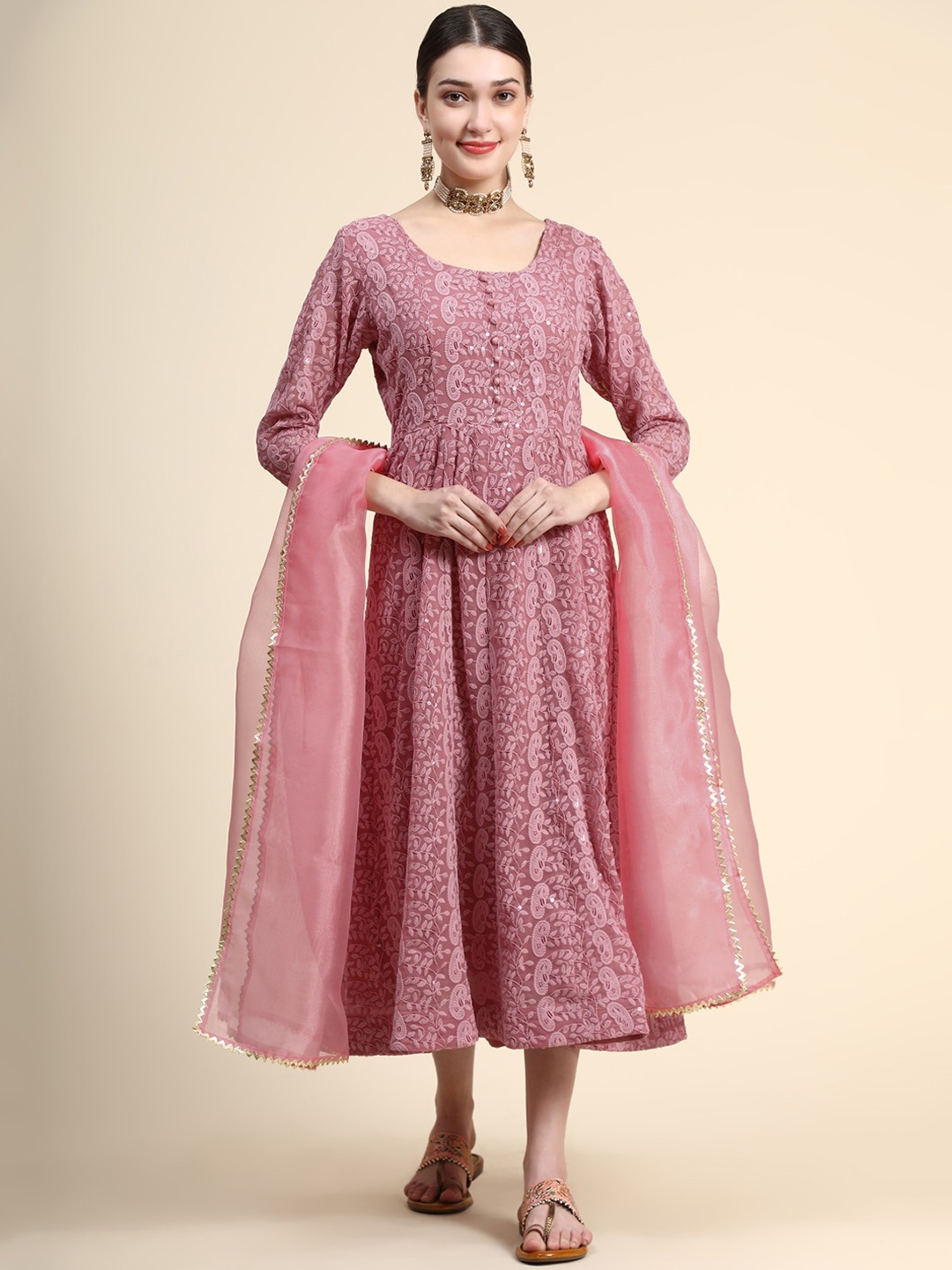 

KALINI Paisley Embroidered Chikankari Georgette Anarkali Kurta With Dupatta Set, Rose