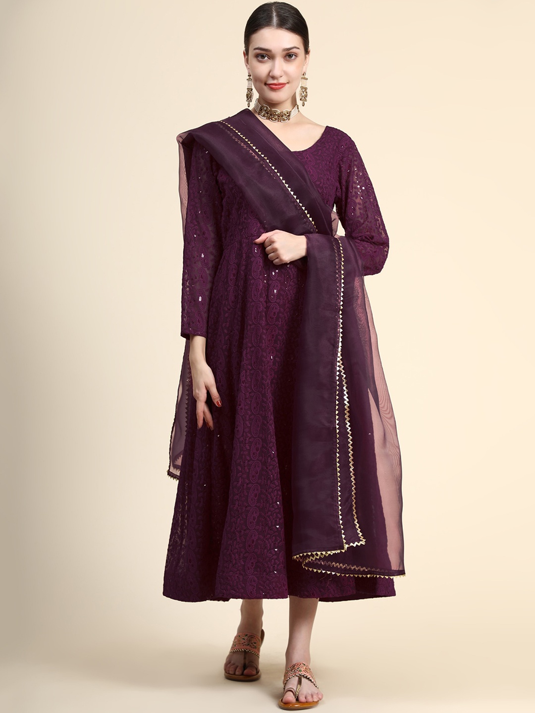 

KALINI Paisley Embroidered Ethnic Dress With Dupatta, Burgundy