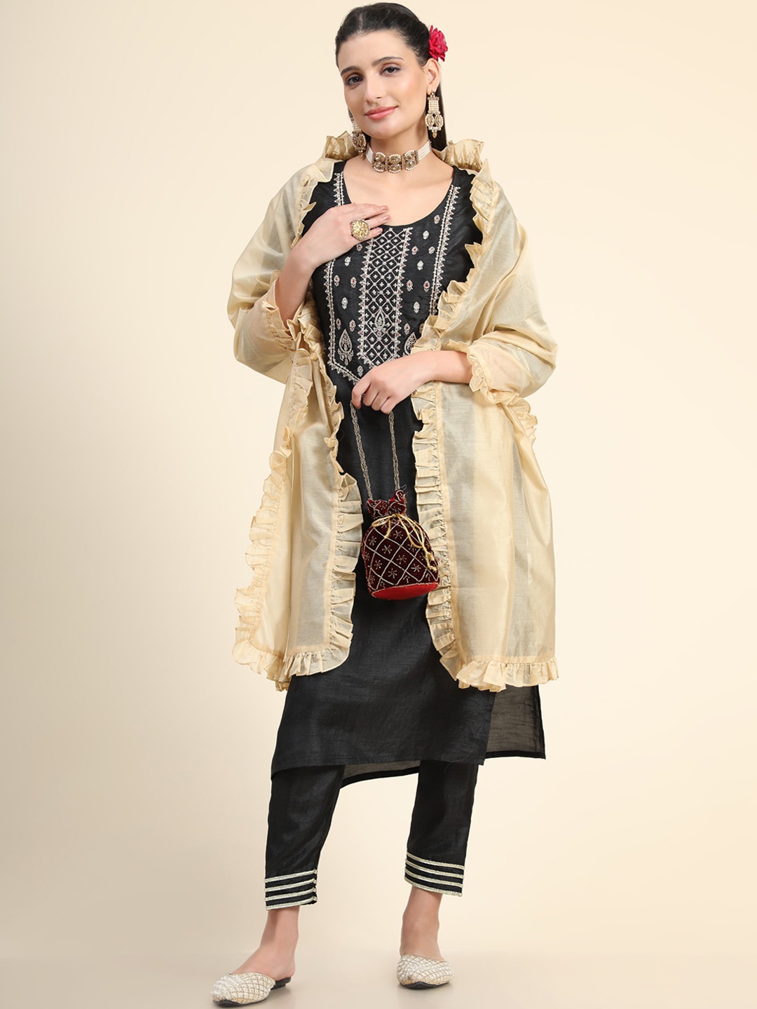 

KALINI Women Black Floral Embroidered Thread Work Pure Silk Kurti with Trousers & With Dupatta