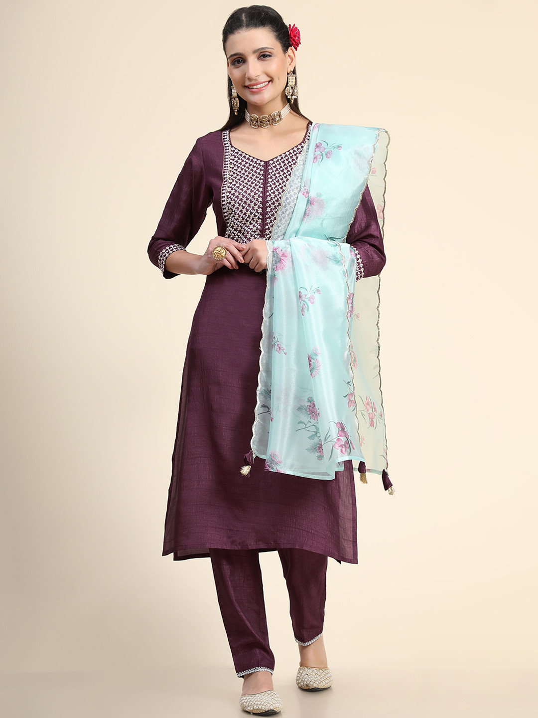 

KALINI Women Purple Embroidered Thread Work Pure Silk Kurta with Trouser & Dupatta
