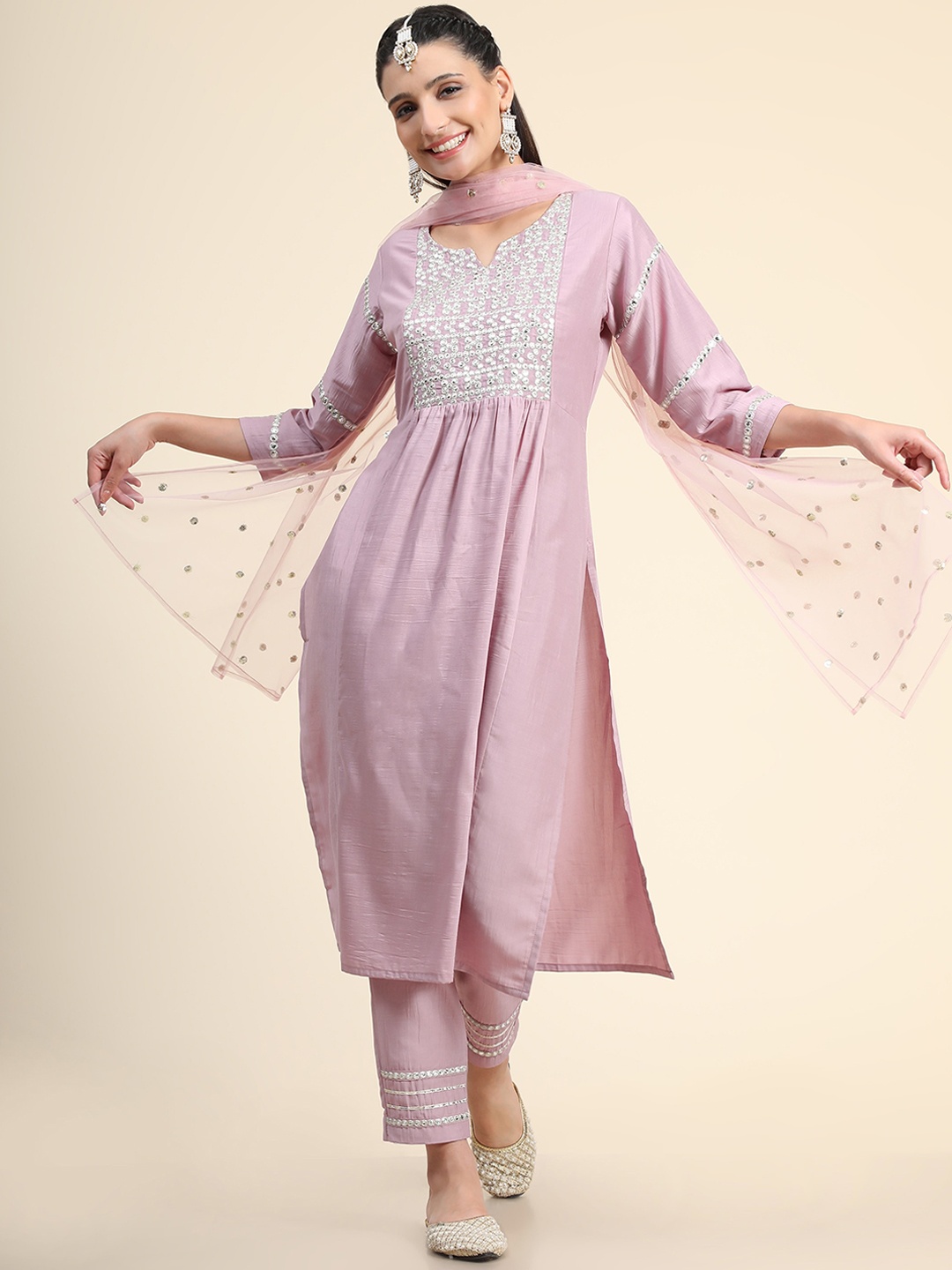 

KALINI Women Pink Embroidered Gotta Patti Pure Silk Kurta with Trouser & Dupatta