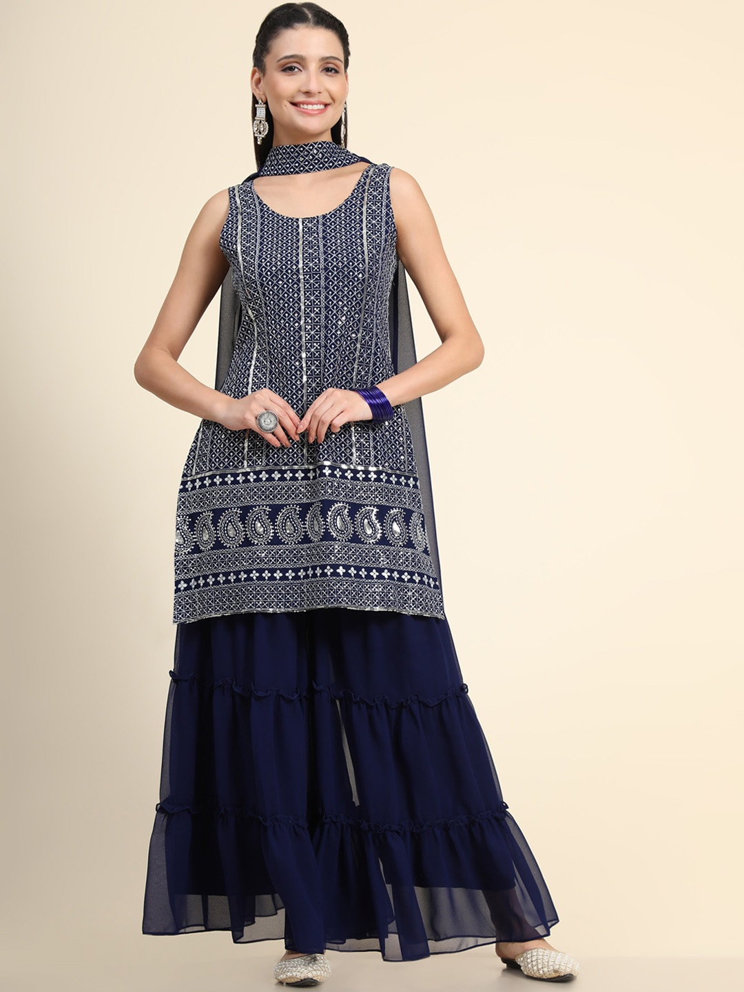 

KALINI Women Blue Floral Embroidered Thread Work Kurta with Sharara & With Dupatta