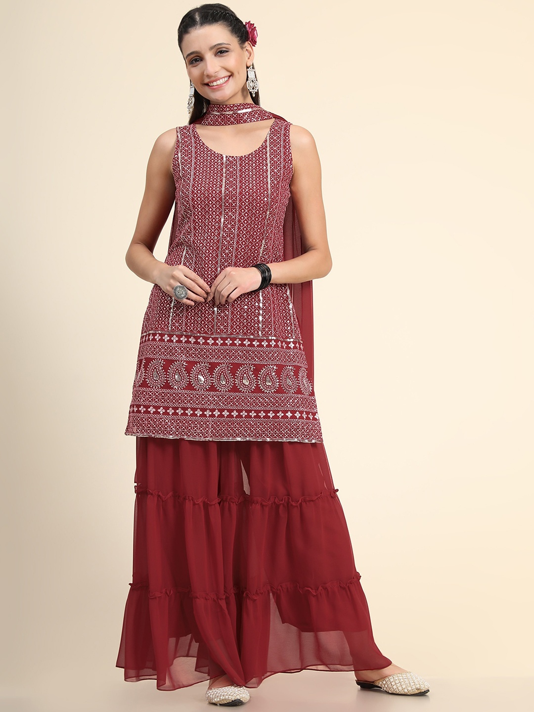 

KALINI Women Maroon Floral Embroidered Beads and Stones Kurti with Sharara & With Dupatta