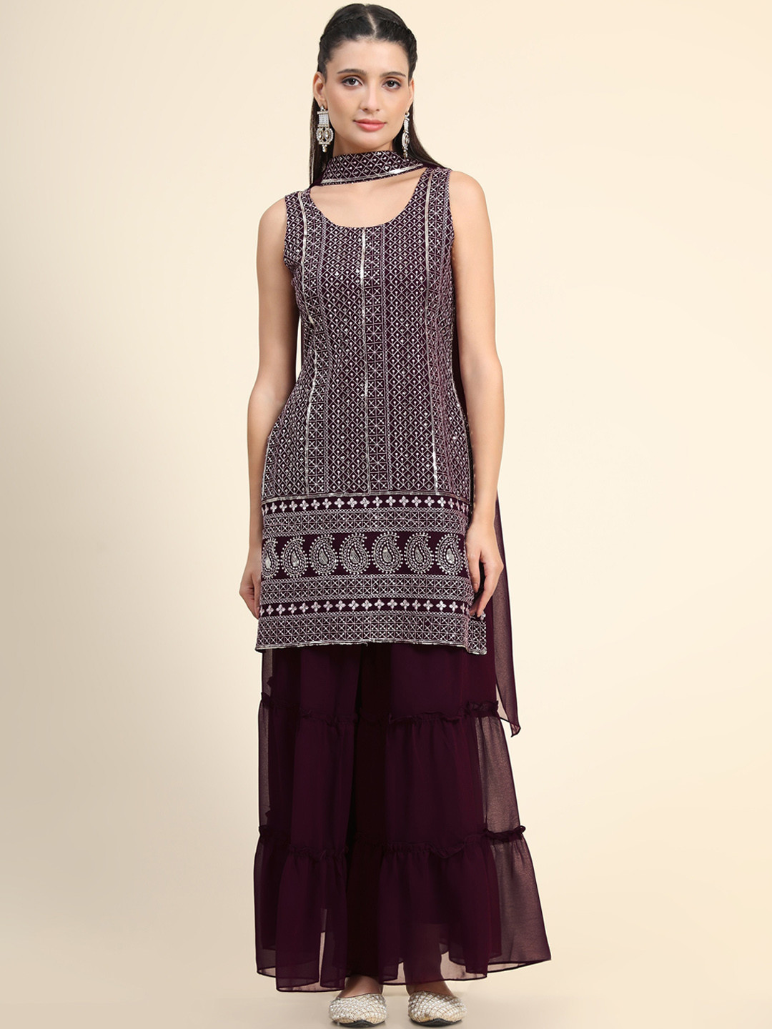

KALINI Women Purple Ethnic Motifs Embroidered Sequinned Kurti with Sharara & With Dupatta
