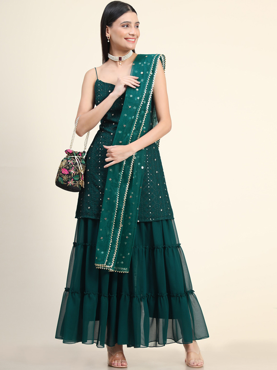 

KALINI Women Embroidered Sleeveless Kurti with Sharara & Dupatta, Green