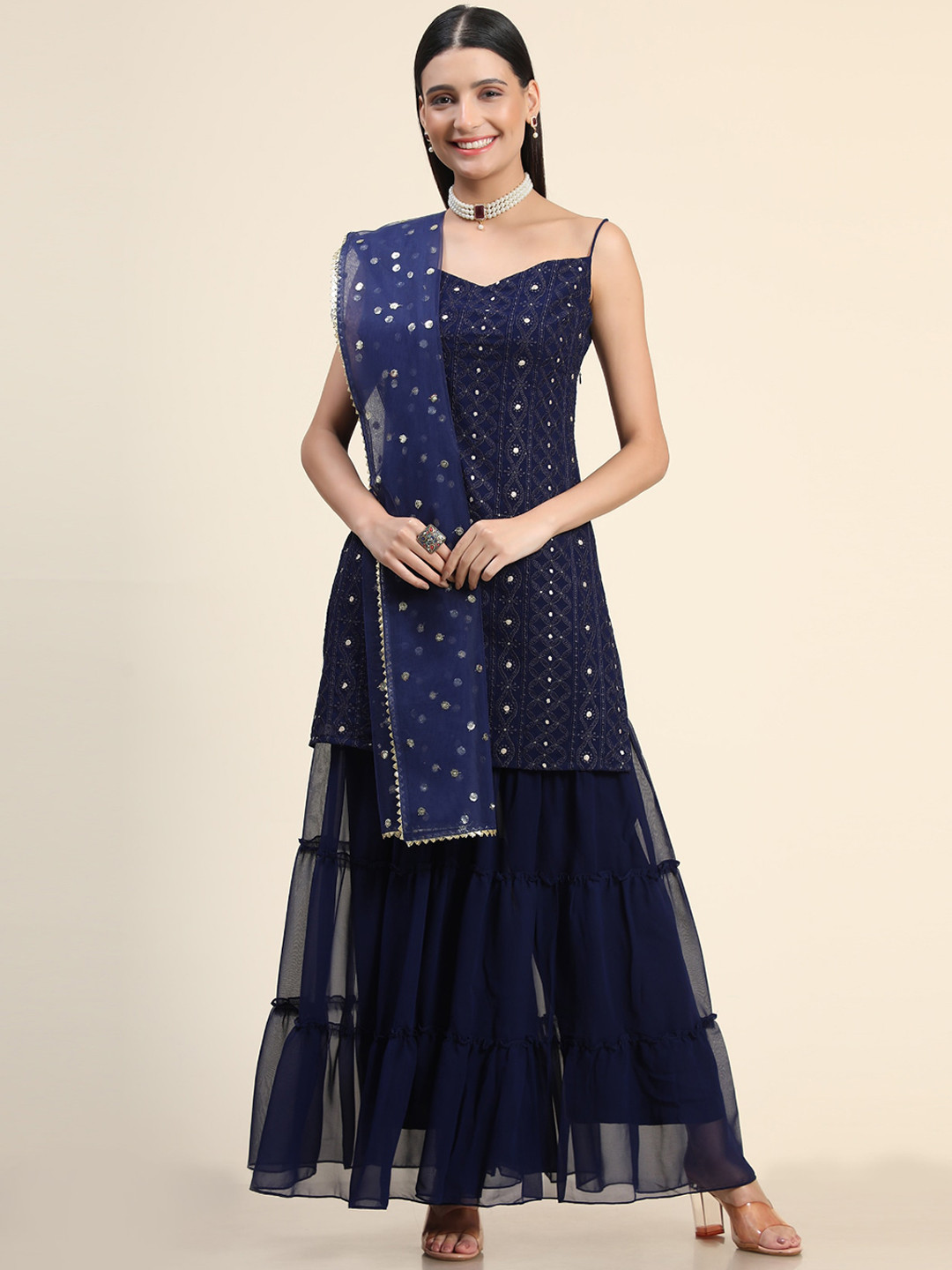 

KALINI Women Navy Blue Ethnic Motifs Embroidered Thread Work Kurti with Sharara & With Dupatta