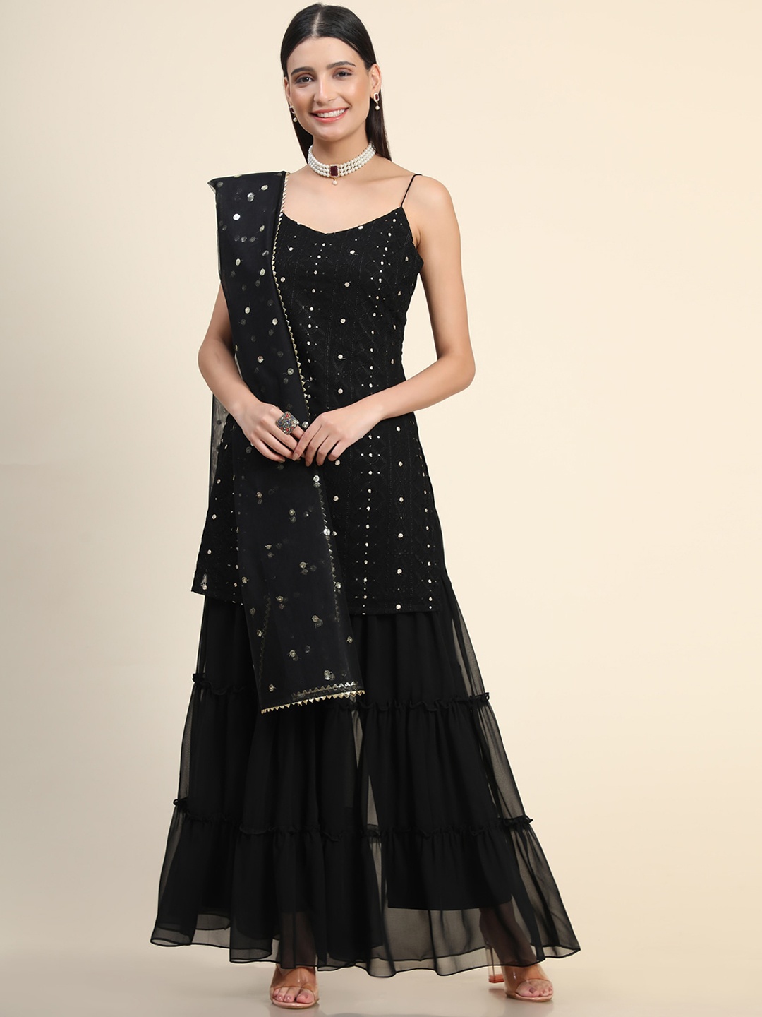 

KALINI Women Black Floral Embroidered Kurti with Sharara & With Dupatta