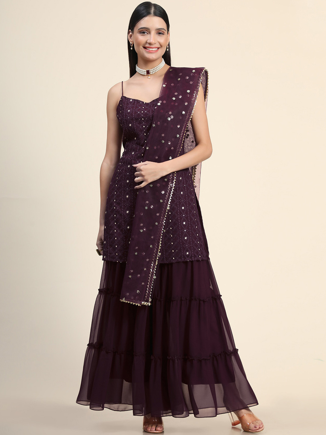 

KALINI Women Purple Floral Embroidered Kurti with Sharara & With Dupatta