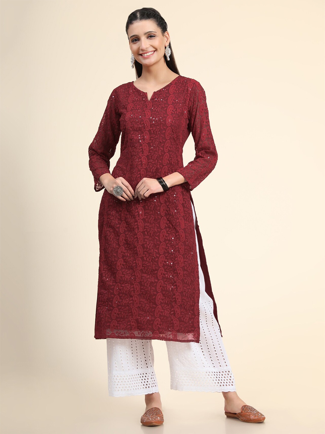 

KALINI Women Maroon Ethnic Motifs Embroidered Chikankari Georgette Kurta