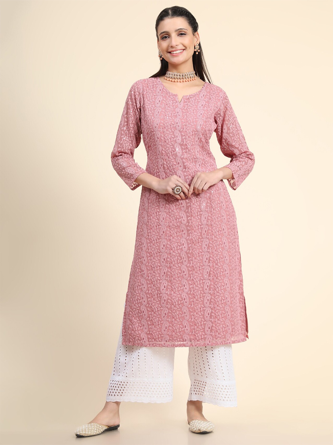

KALINI Paisley Embroidered Chikankari Georgette A-Line Kurta, Rose