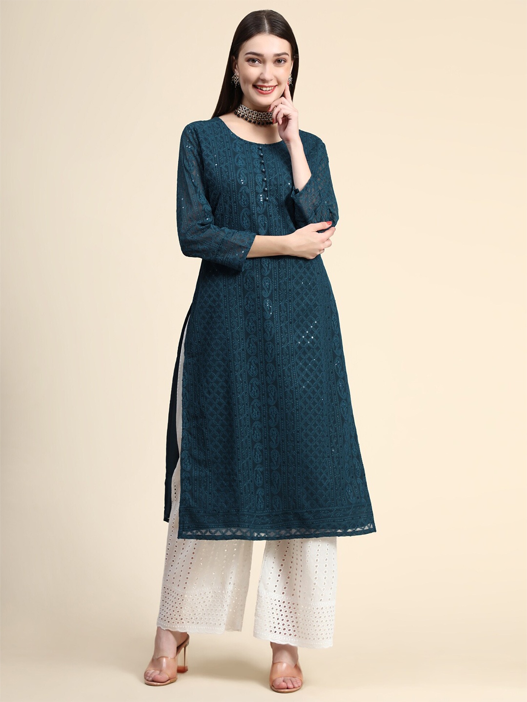 

KALINI Paisley Embroidered Chikankari Straight Regular Georgette Kurta, Teal