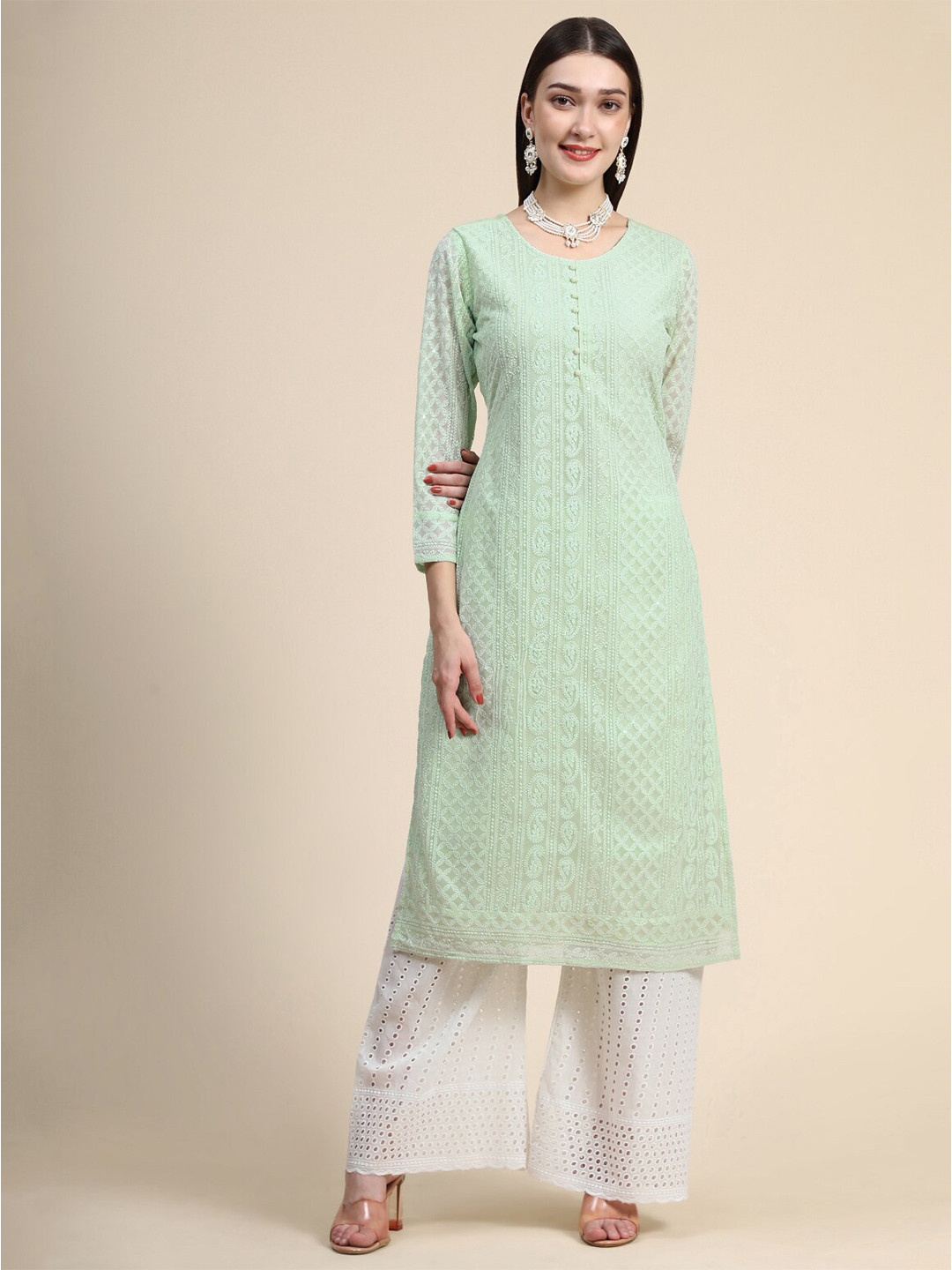 

KALINI Round Neck Paisley Embroidered Chikankari Georgette Kurta, Green